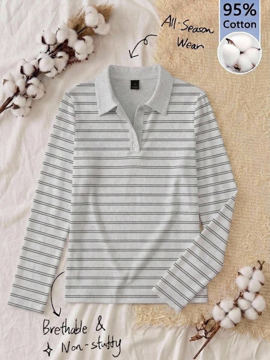 Tseoso 95%棉全印花 Polo 領女款 T-shirt,極簡灰色條紋,低調百搭風格,街頭時尚穿搭,咖啡廳休閒氛圍,高端通勤機場穿搭,大學校園返校穿搭,夜店穿搭,青年休閒風格 - 彩色 - 查看 1