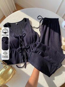 Comfortcana 女款極簡風綁帶背心與抽繩腰長褲兩件套 - 藏蓝色 - 查看 1