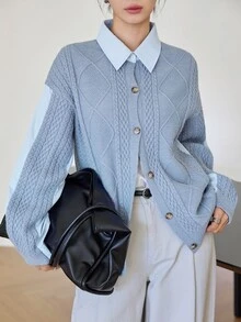 Dazy-Less Fall/ Foggy Blue Round Neck Button Cable Knit Long Sleeve Slim Fit Ribbed Cardigan For Women Office Everyday Casual Preppy - Dusty Blue - View 3
