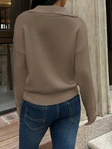 Autumina 女款純色V領寬鬆大碼針織毛衣，長袖上衣，秋冬針織套頭衫 - 淺灰色 - 查看 2