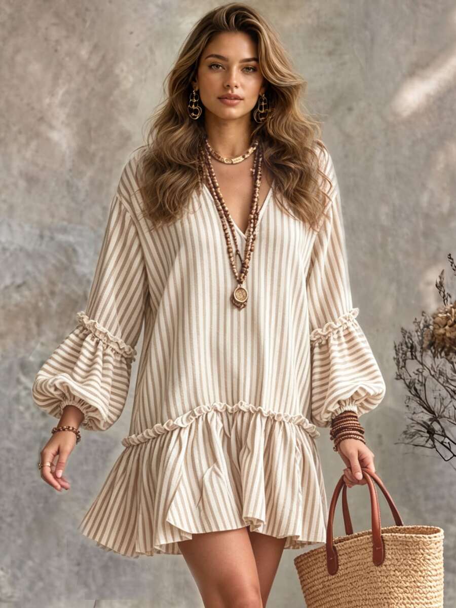 Ceyna Bohemian Style Khaki Vertical Striped V-Neck Short Dress, Double Layer Ruffle Bell Sleeves Loose Fit, Bamboo Linen Texture Vacation Casual Plus Size Dress - Beige - View 1