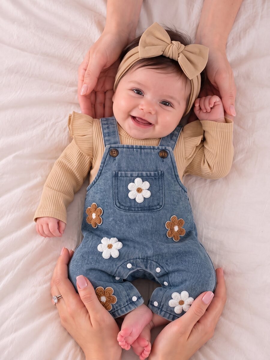 SHEIN 2pcs/Set Baby Girl Korean Style Fresh Floral Embroidered Denim Overalls Set, Flutter Sleeve Ribbed Long Sleeve T-Shirt, Exquisite Embroidery, Winter - Yellow - View 1