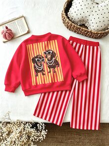 SHEIN Playful Pals 女嬰 2 件套秋季套裝 卡通狗狗印花圓領衛衣與條紋長褲 可愛休閒嬰兒裝 - 彩色 - 查看 2