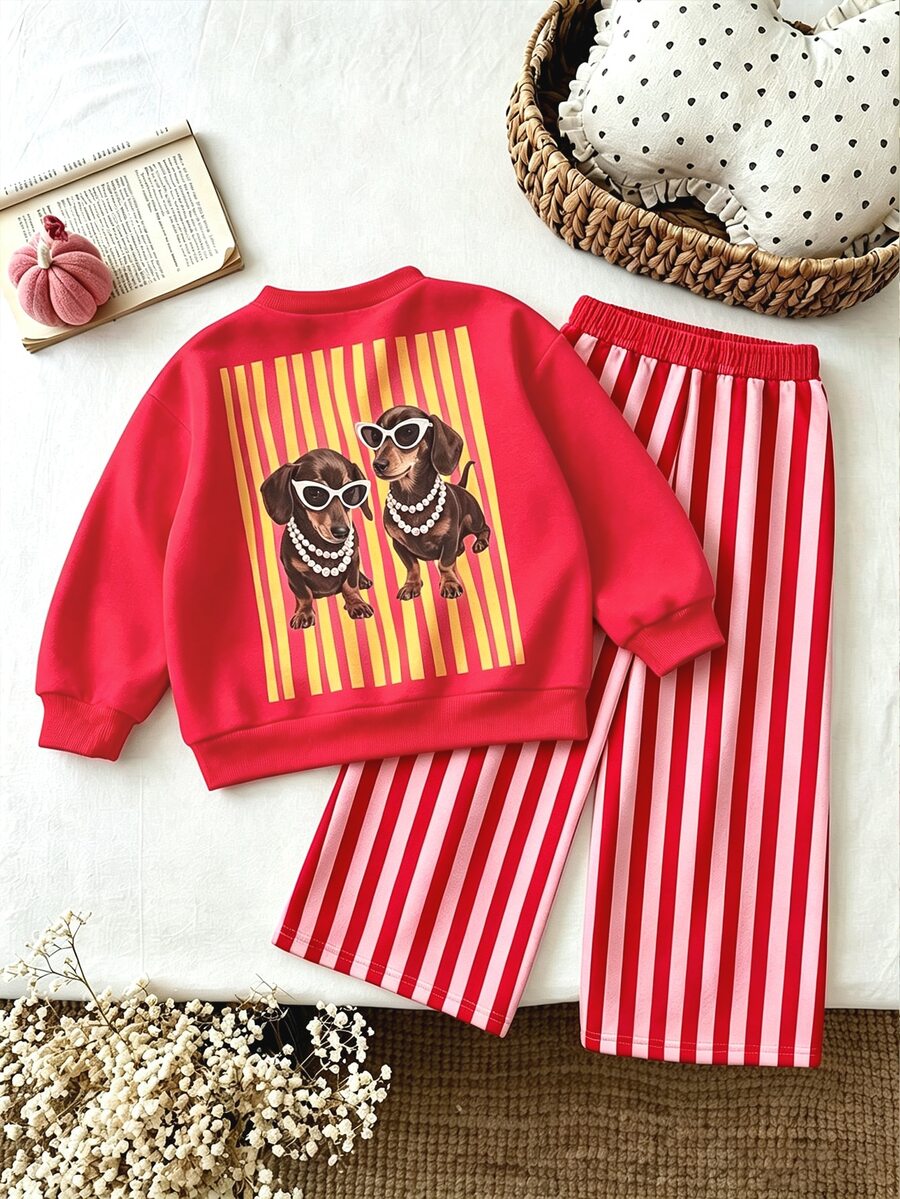 SHEIN Playful Pals 女嬰 2 件套服裝,可愛臘腸狗印花圓領衛衣 + 紅粉條紋長褲,休閒女嬰服飾套裝 - 彩色 - 查看 1