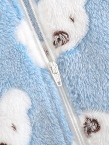 Cozy Pixies 2件組男嬰卡通熊圖案休閒日常舒適毛絨連帽冬季連身衣套裝，2款各1件 - 藍色 - 查看 8