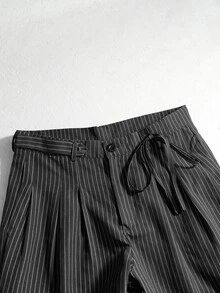 ROMWE MEN Essentials Men's Dark Striped Pleated Waist Tie Wide Leg Loose Pants - Navy Blue - View 2