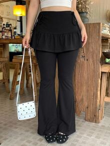 Dazy Plus Korean Style Solid Color Casual Long Pants With Ruffle Trim 2 In 1 Design For Girls - Black - View 5