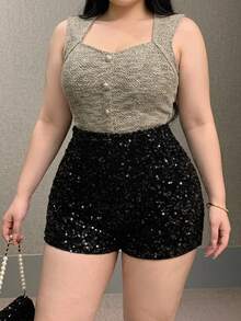 Dazy Plus Quần short đen đính sequin dày dặn đa năng cho tiệc và hẹn hò, mẫu mới thu/đông - màu đen - Xem 3