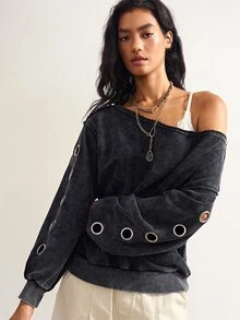 Bohemela Women's Fashion Streetwear Asymmetrical Shoulder Eyelet Sweatshirt - Black - View 2