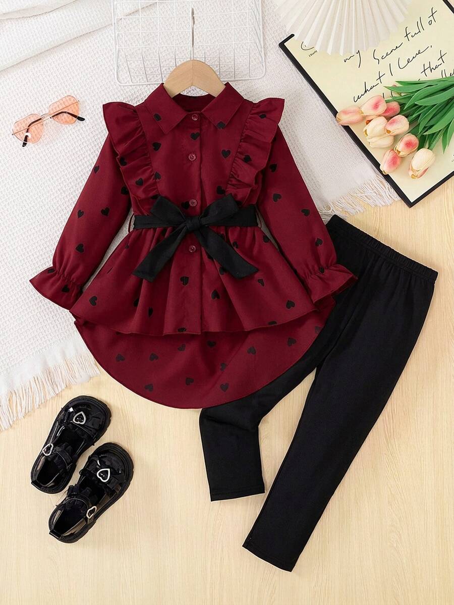 SHEIN Elladie kids 2件組女童套裝，含腰帶上衣與內搭褲，時尚設計，適合春季/秋季 - 酒紅色 - 查看 1
