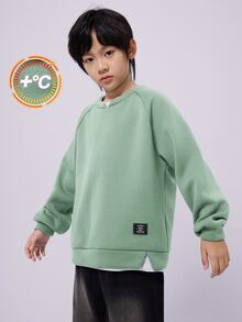 SHEIN 青少年男孩綠色與白色條紋套頭衫，秋季休閒校園返校圓領寬鬆對比色拼接長袖針織運動衫 - 薄荷綠 - 查看 2