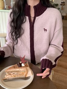 DAZY Women's Unicorn Embroidered Contrast Color Dropped Shoulder Long Sleeve Zipper Front Knit Cardigan - Pink - View 2