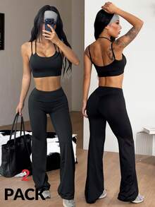 Coolane Women's Summer Sportswear Yoga Going Out Comfortable Form-Fitting, Butt-Lifting Black Two Pieces Set - Black - View 4