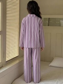 DAZY 青少年女孩秋季服裝 女孩 (大號) 圓領針織印花短袖T恤 + 格紋睡褲家居服套裝 - 淡紫色 - 查看 2