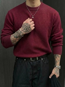 DAZY Autumn/Winter Burgundy Ribbed Hem & Cuff Loose Fit Korean Style Men's Sweater Christmas - Burgundy - View 4