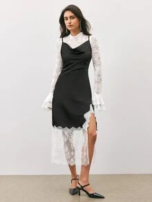 Maija Women's Lace Patchwork Casual Party Spaghetti Strap Midi Dress - Black - View 1