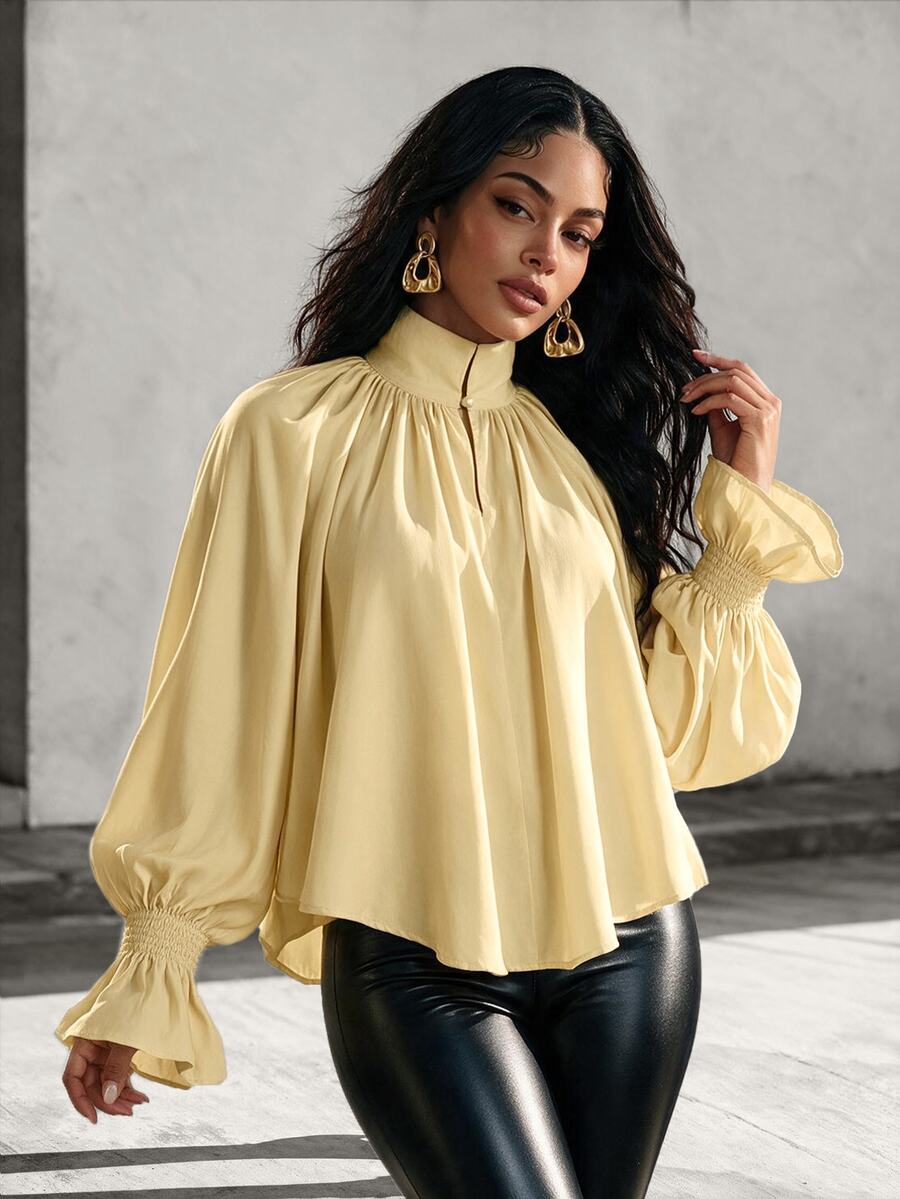 Eryvara Women's Fashionable Elegant Solid Color Ruffle Asymmetric Hem Blouse, Suitable For Vacation, Autumn Brunch, Beach Garden Party And Other Occasions, Light Yellow Tone.