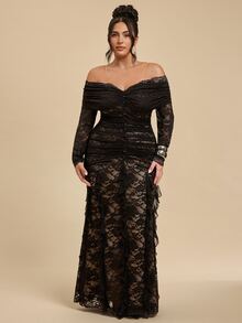 SHEIN BAE CURVE Plus Size Women's Lace Ruffle Long Sleeve Pleated Patchwork Ruffle Elegant Dress,Sophisticated Women's Black Lace Ruffle Long Dress With Stateme - Black - View 5