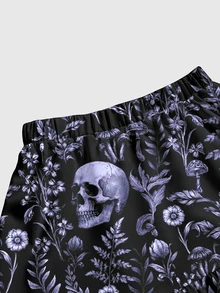 ROMWE Goth 女款植物骷髏印花鬆緊腰休閒裙 - 黑色 - 查看 3