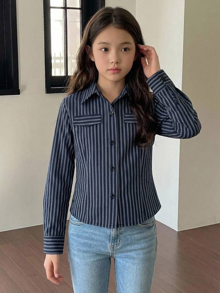 Hapijoa 大童女孩秋季服飾 (大號) 有領短袖襯衫 夏季 - 藏蓝色 - 查看 1