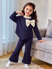 SHEIN Baby Girl Autumn Casual Cute Colorblock Stand Collar Bow Decor Asymmetrical Hem T-Shirt And Flare Pants Set - Navy Blue - View 5