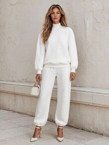 Faunlyn Women's Solid Color Long Sleeve Top And Pants Casual Daily 2 Pieces Set - White - View 7