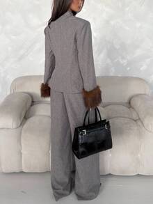 Aloruh Women's Autumn/Winter Dark Gray Suit Set, Faux Fur Patchwork Jacket, Elegant Commuter Outfit - Dark Grey - View 2
