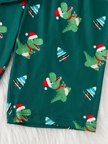 Teen Girl Santa Claus Autumn/Winter Pajamas Christmas Tree Stretchy Ribbed Snug Fit Short Sleeve Shorts Crew Neck Top Print Allover Letter Green - Dark Green - View 9