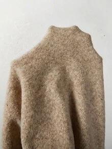 SHEIN 秋冬女款單肩針織鬆垮毛衣，寬袖寬鬆版型，柔軟舒適保暖針織衫 - 卡其色 - 查看 6
