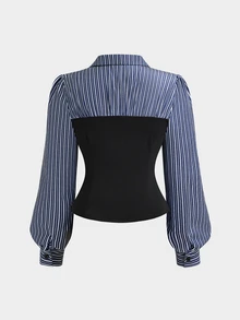 Sweetra قميص نسائي مقاس كبير مخطط بألوان متباينة للارتداء اليومي الكاجوال - متعدد الألوان - مشاهدة 2
