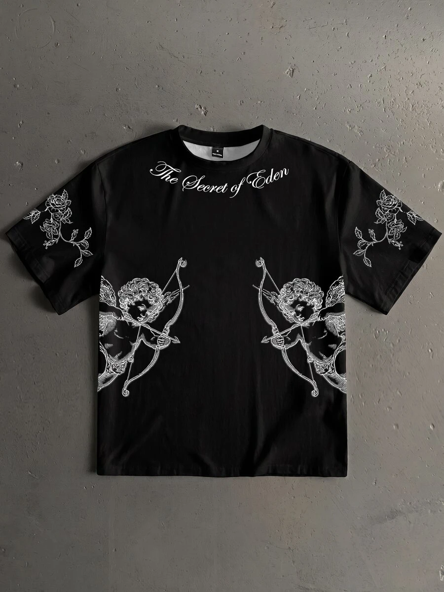StoneGrade Men's Letter & Little Angel Print Crew Neck Short Sleeve Casual T-Shirt - Black - View 1