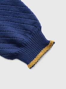 ROMWE Vintage Court Style Jacquard Woolen Navy Blue Contrast Gold Frog Button Women's Cardigan - Navy Blue - View 4