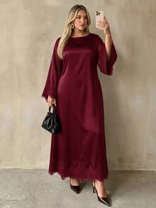 Auralis 大尺碼優雅緞面蕾絲拼接晚宴雞尾酒婚禮賓客洋裝 棕色 秋冬款 - 酒紅色 - 查看 3