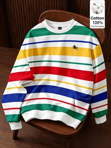 OlaRiff Casual Men's Colorful Striped Print 100% Cotton Pullover Sweatshirt, Fleece Sweatshirt, Suitable For Autumn/Winter - Multicolor - View 5