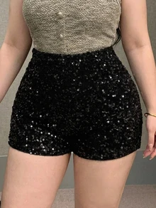 Dazy Plus Quần short đen đính sequin dày dặn đa năng cho tiệc và hẹn hò, mẫu mới thu/đông - màu đen - Xem 7