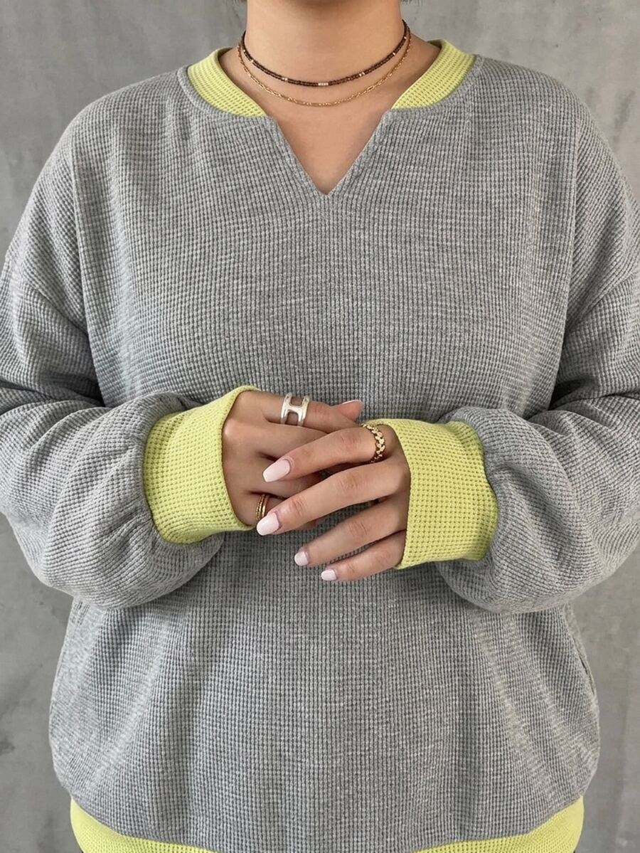 Dazy Plus Early Autumn New Korean Style Contrast Color Waffle Fabric Loose Sweatshirt - Grey - View 1