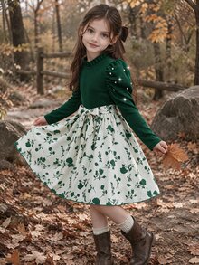 SHEIN 少女珍珠花瓣袖花卉印花A字洋裝 - 彩色 - 查看 9