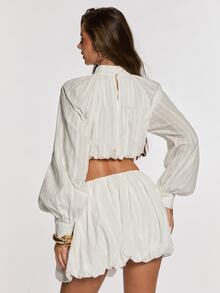 Opulessa Women's Solid Color Pleated Long Sleeve Top And Shorts Casual 2 Pieces Set - White - View 2