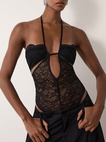 MERLEAU Women's Modern Lace Black Bodysuit - Black - View 8