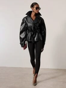 MERLEAU Women's Modern Sexy Elegant Black Textured Belt Design Jacket Night Out Fall - Black - View 5
