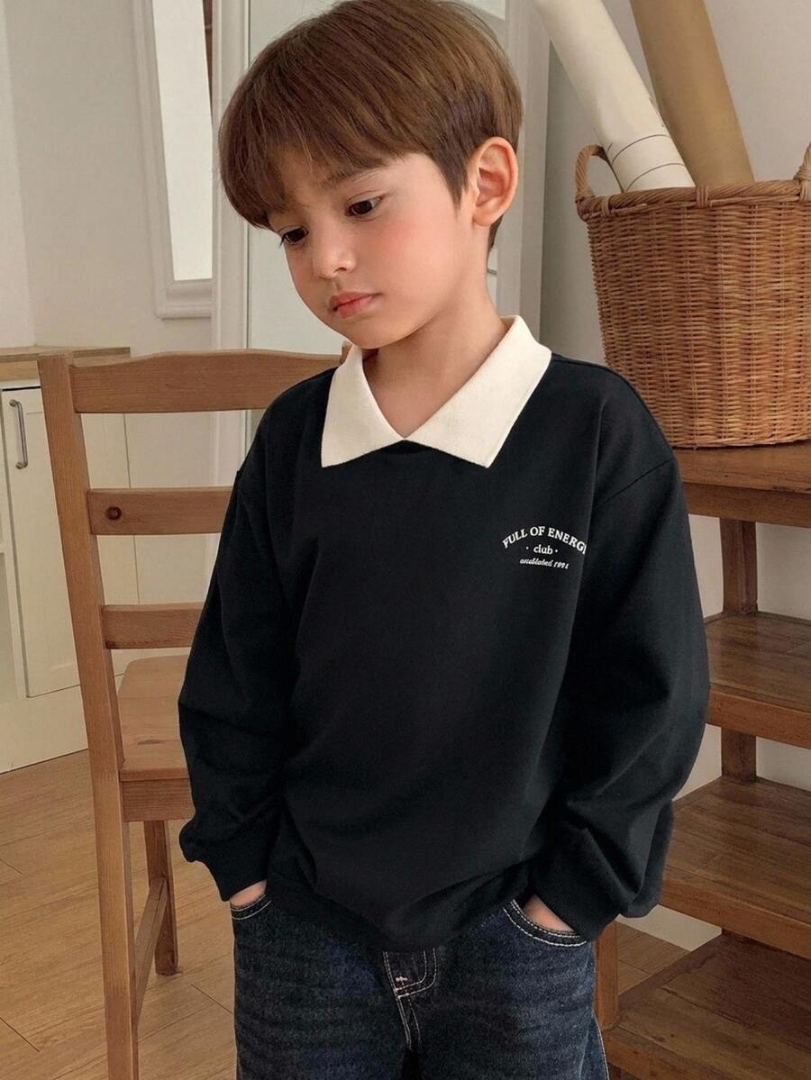 Dazy Kids 兒童秋季男童小號休閒版型字母印花日系森系T恤 - 黑色 - 查看 1