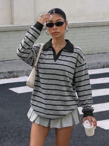 Muchica 女款 Polo 領長袖寬鬆厚款運動衫，適合秋冬，深灰色與黑色雙色條紋圖案，經典休閒百搭，學院風返校校園穿搭，社團服飾，青春休閒風格，低調耐穿百搭單品，街頭時尚穿搭，咖啡廳慵懶氛圍 - 彩色 - 查看 6