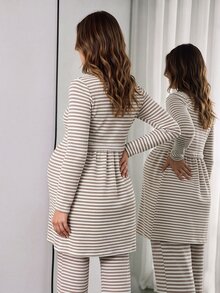 SHEIN Women's Comfortable Fashion Round Neck Long Sleeve Khaki Striped Maternity T-Shirt - Khaki - View 2