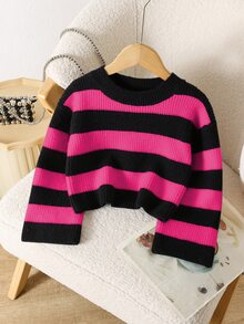 SHEIN Elladie kids 女童開學短版條紋套頭毛衣，長袖休閒黑白條紋針織上衣，冬季女學生秋季穿搭 - 彩色 - 查看 1