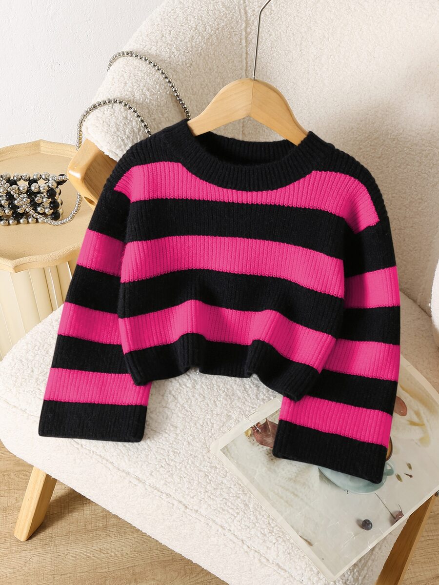 SHEIN Elladie kids 女童開學短版條紋套頭毛衣，長袖休閒黑白條紋針織上衣，冬季女學生秋季穿搭 - 彩色 - 查看 1