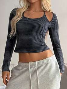 DAZY Women's Striped Long Sleeve Halter Neck Pajama Top - Navy Blue - View 3