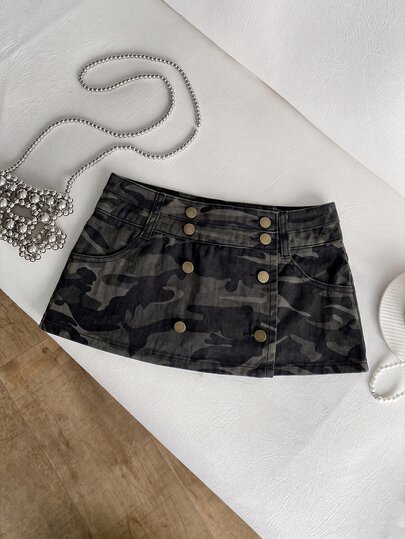 Elamini Women's Denim Camouflage Ultra Low Waist Mini Skirt