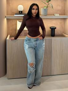 SHEIN SXY تي شيرت نسائي قصير بلون موحد مع تجاعيد وأكمام طويلة ضيق كاجوال - الأسود - مشاهدة 3
