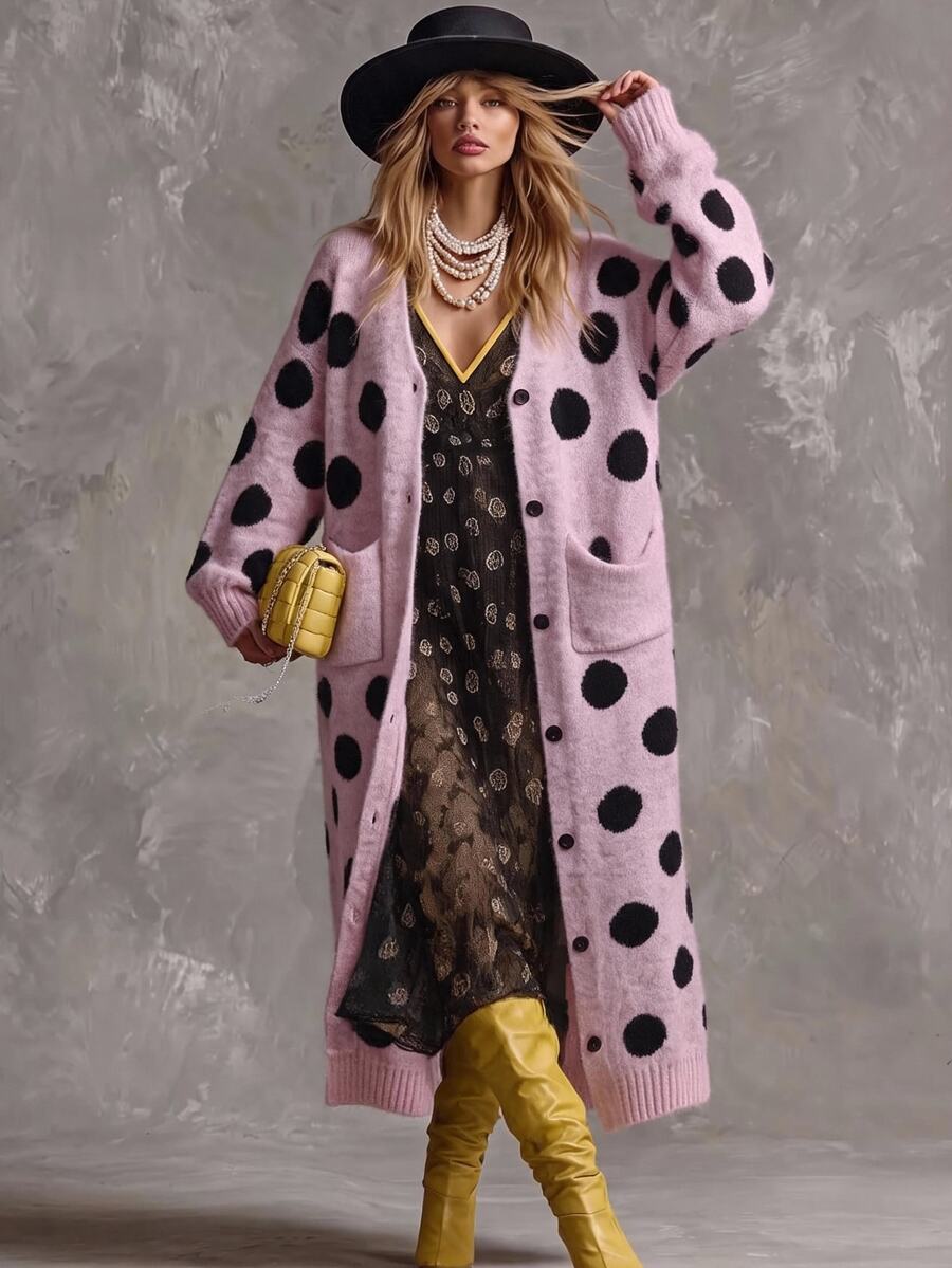 Solivie Women's Autumn/Winter Long Cardigan, Pink & Black Polka Dot Women Fall Winter Sweater Going Out Tops - Pink - View 1