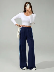 SHEIN Tall 女款彈性腰側條紋寬腿寬鬆休閒運動長褲，返校季 - 藏蓝色 - 查看 7